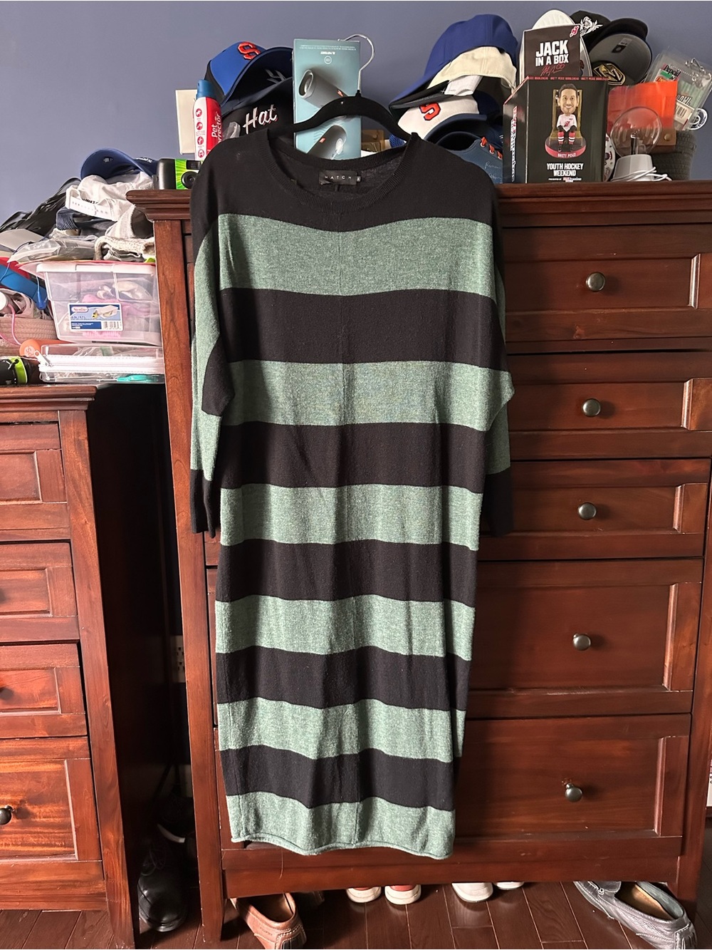 Hatch Maternity Black and Mint Green Striped Extra fine Wool Dress
